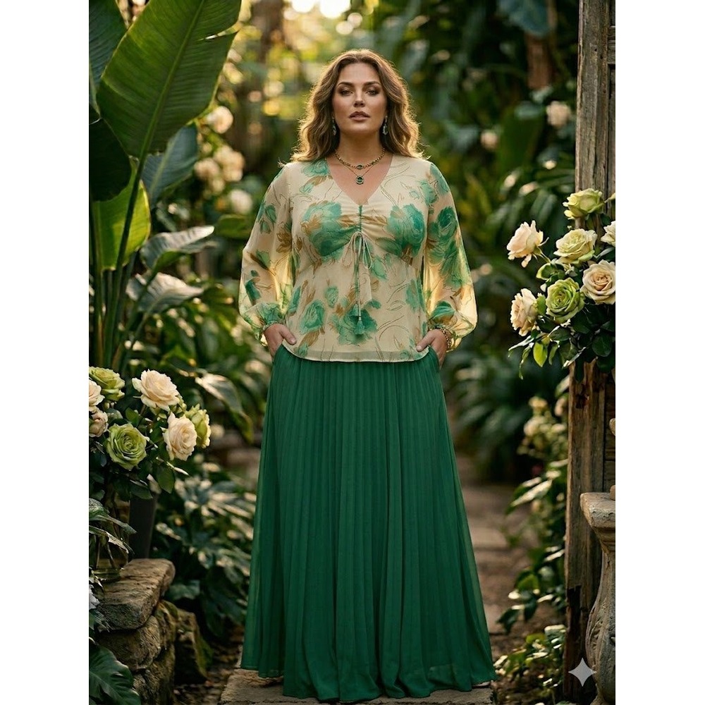 Eva Blue‎ Plus Y2K Vintage Floral Chiffon Blouse 1X Green Boho Whimsigoth Tunic